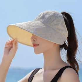 Letter Pattern Sun Hat; Fashion Large Brim Empty Top UV Protection Cycling Fishing Outdoor Casual Ponytail Hat (Color: Beige Color)