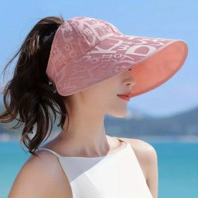 Letter Pattern Sun Hat; Fashion Large Brim Empty Top UV Protection Cycling Fishing Outdoor Casual Ponytail Hat (Color: Pink)