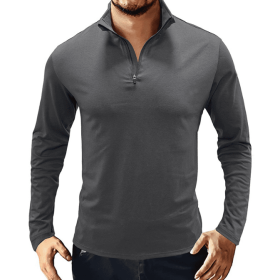 Men's Casual Polo Shirts 1/4 Zip Long Sleeve Shirt Outdoor Stand Up Collar Slim Fit Shirts (Color: Brown, size: medium)