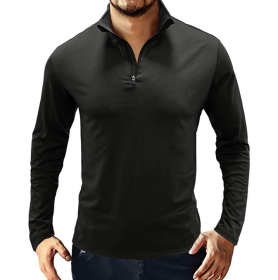 Men's Casual Polo Shirts 1/4 Zip Long Sleeve Shirt Outdoor Stand Up Collar Slim Fit Shirts (Color: Black, size: X-Large)