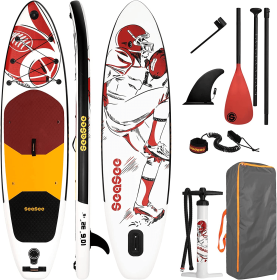 Inflatable Paddle Board; 10'6"x32"x6";  SEASEESUP Paddle Boards for Adults; Stand Up Paddle Board with All SUP Accessories Paddleboard for Fishing Yog (Color: RED RUGBY)