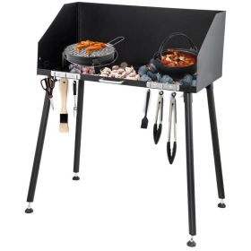 Backyard Garden Camp Table Dutch Oven Cooking Table W/ Wind Shield (Color: Black, size: 30 x16 x 38 in)